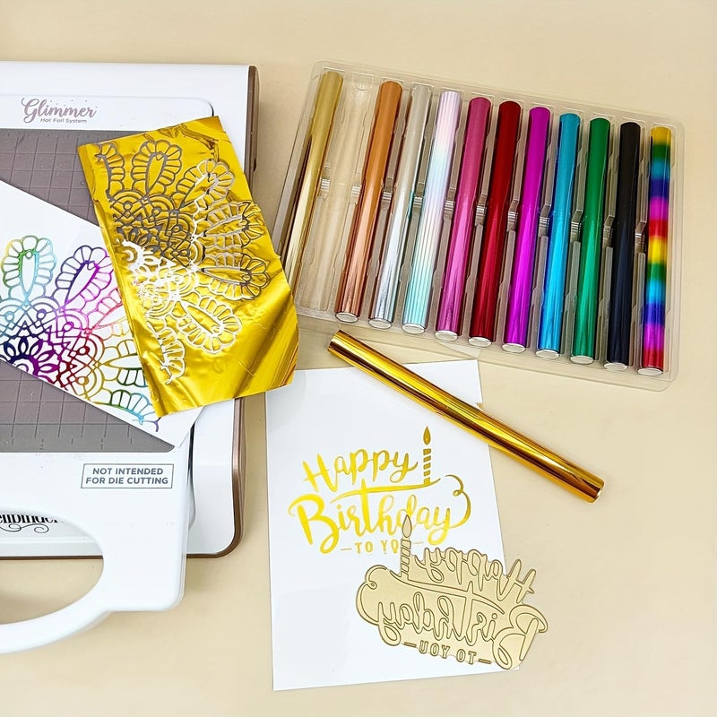 JBQUEEN 12pcs Heated-Activated Foil Roll Kit Reactive Foil Transfer Foil Film to Be Used with Hot Foil System, Paper Holographic Heat Transfer Craft Foil for Handmade Craft Card - Image 1